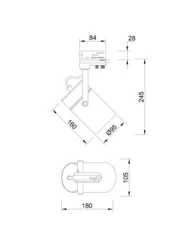 Spot sur rail triphasé Aruba E27 mesures blanc ou noir