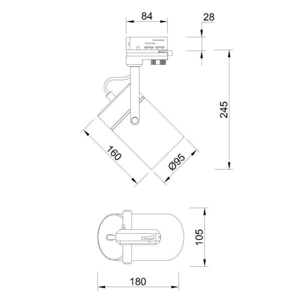 Refletor de trilho trifásico Aruba E27, medidas brancas ou pretas