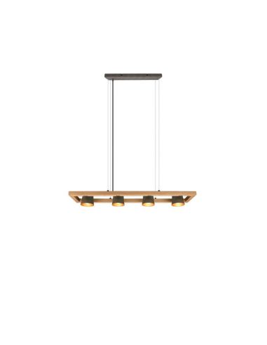 Lámpara de techo LED BELL altura ajustable 4 luces encendidas acabado madera y metal