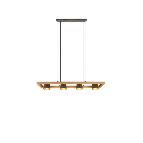 Lámpara de techo LED BELL altura ajustable 4 luces encendidas acabado madera y metal