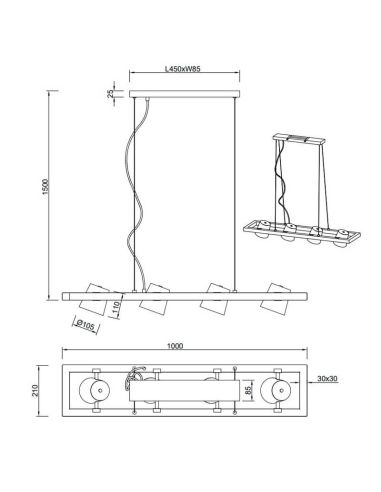 Plafonnier LED BELL hauteur réglable 4 lumières fiche technique et mesures