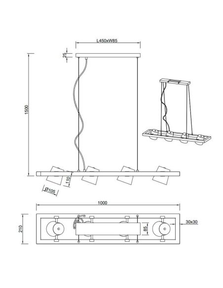 Lámpara de techo LED BELL altura ajustable 4 luces ficha técnica y medidas