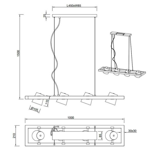Plafonnier LED BELL hauteur réglable 4 lumières fiche technique et mesures