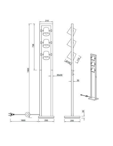 Lámpara de pie LED BELL interruptor pie, metal y madera ficha técnica y medidas