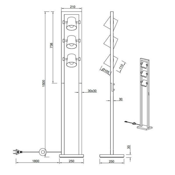 Lámpara de pie LED BELL interruptor pie, metal y madera ficha técnica y medidas
