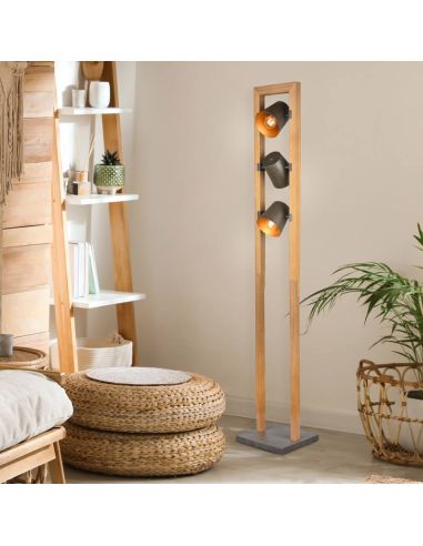 Lámpara de pie LED BELL interruptor pie, metal y madera foto ambiente en un salón