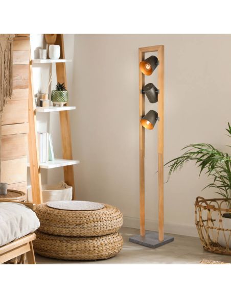 Lámpara de pie LED BELL interruptor pie, metal y madera foto ambiente en un salón