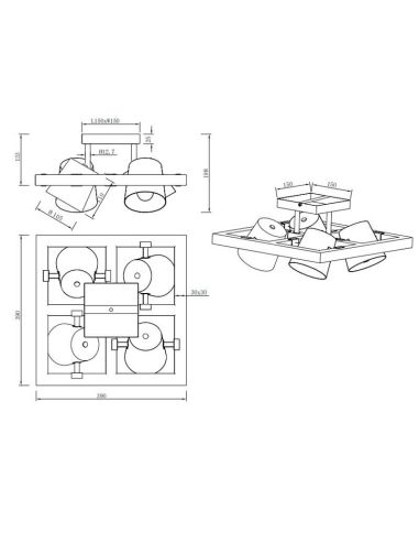 Plafón de techo LED BELL 4 luces, madera y metal, focos orientables IP20 medidas producto