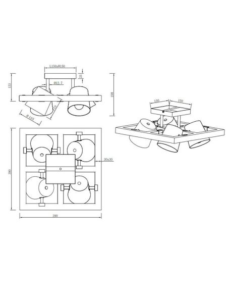 Plafón de techo LED BELL 4 luces, madera y metal, focos orientables IP20 medidas producto