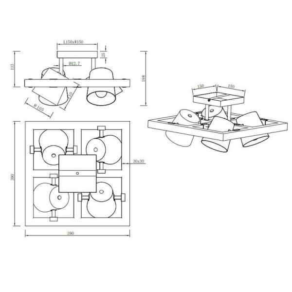 Plafón de techo LED BELL 4 luces, madera y metal, focos orientables IP20 medidas producto