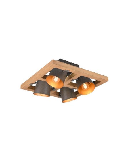 Plafón de techo LED BELL 4 luces, madera y metal, focos orientables IP20 | LeonLeds