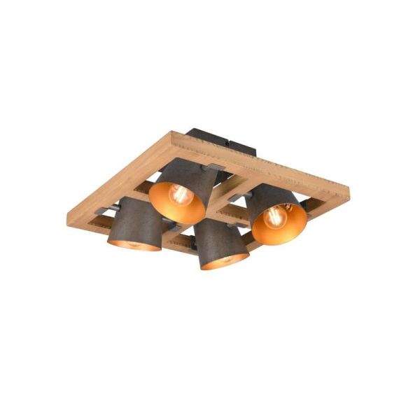 Plafón de techo LED BELL 4 luces, madera y metal, focos orientables IP20 | LeonLeds