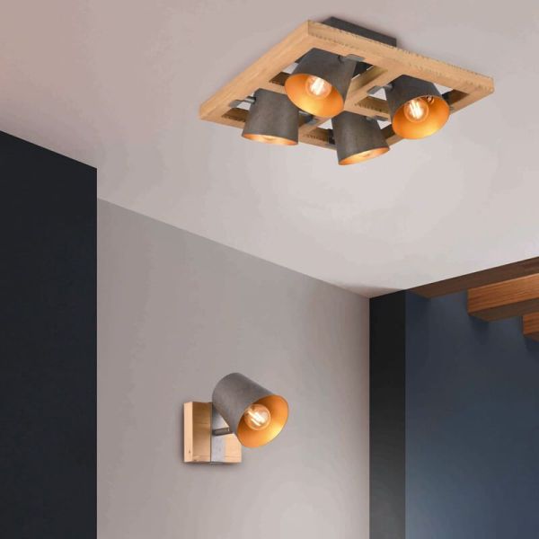 Plafon LED BELL 4 luzes, madeira e metal, focos ajustáveis IP20 em teto ambiente fotográfico