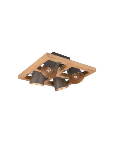 Plafón de techo LED BELL 4 luces, madera y metal, focos orientables IP20 luces apagadas