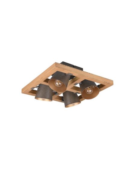 Plafón de techo LED BELL 4 luces, madera y metal, focos orientables IP20 luces apagadas