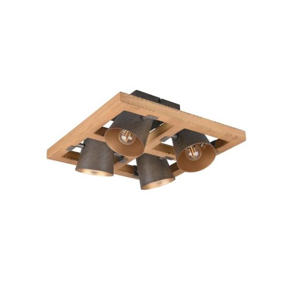 Plafón de techo LED BELL 4 luces, madera y metal, focos orientables IP20 luces apagadas
