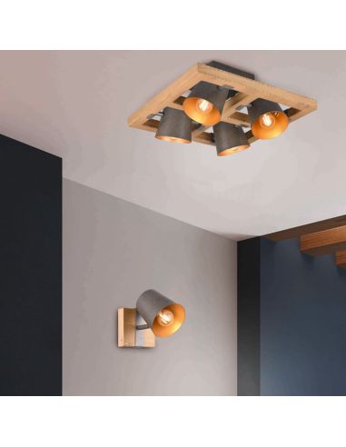 BELL Aplique LED 1 luz, atmosfera fotográfica de madeira e metal em uma parede