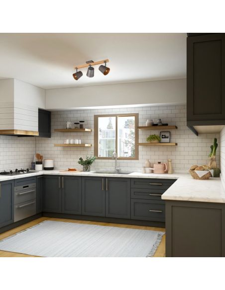Plafón de techo LED BELL 3 luces, madera y metal en una cocina