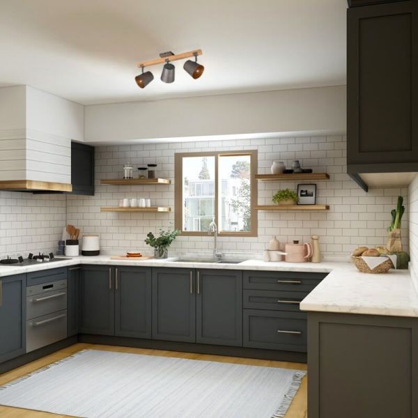 Plafón de techo LED BELL 3 luces, madera y metal en una cocina