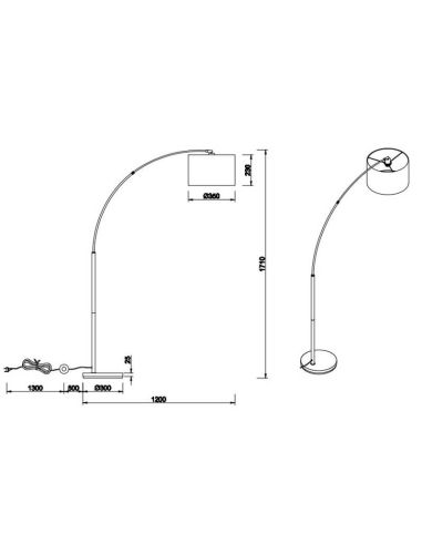 Lampadaire LED BOLIVIA noir et or, interrupteur au pied, mesures du produit et fiche technique