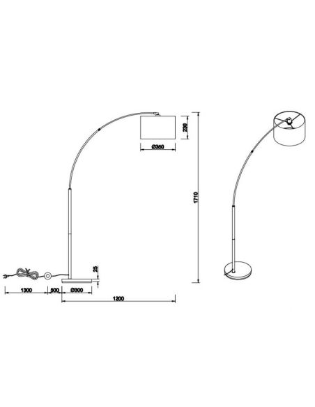 BOLIVIA Candeeiro de pé LED preto e dourado, interruptor de pé, medidas do produto e ficha técnica