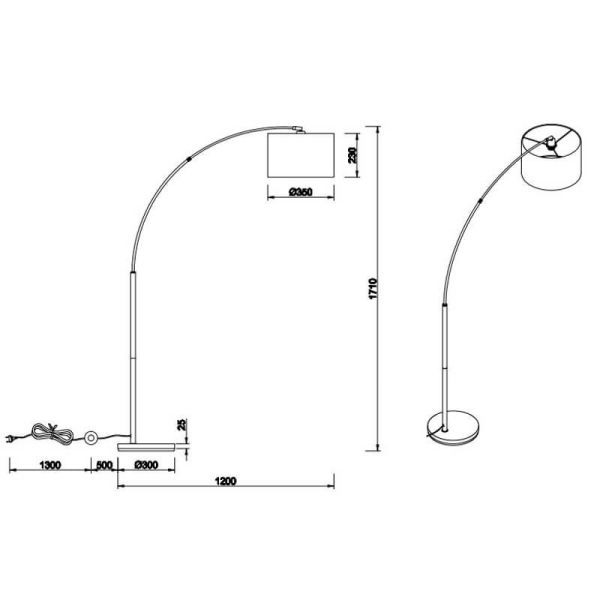Lampadaire LED BOLIVIA noir et or, interrupteur au pied, mesures du produit et fiche technique