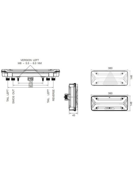 Dimensiones Piloto LED trasero Ecoled II ECE R48 12V-24V Conector ASS2 y 5 Conectores Aspock | LeonLeds