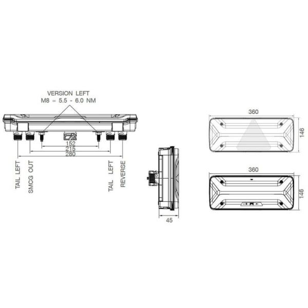 Dimensions Feu arrière LED Ecoled II ECE R48 12V-24V Connecteur ASS2 et 5 connecteurs Aspock | LéonLeds