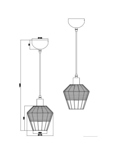 Plafonnier LED BORKA petit produit en rotin noir ou naturel mesures et détails techniques