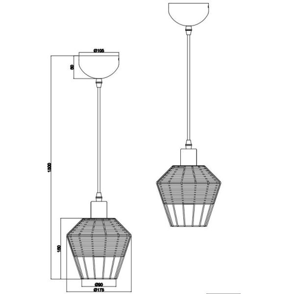 Candeeiro de teto LED BORKA pequeno produto em vime preto ou natural, medidas e detalhes técnicos