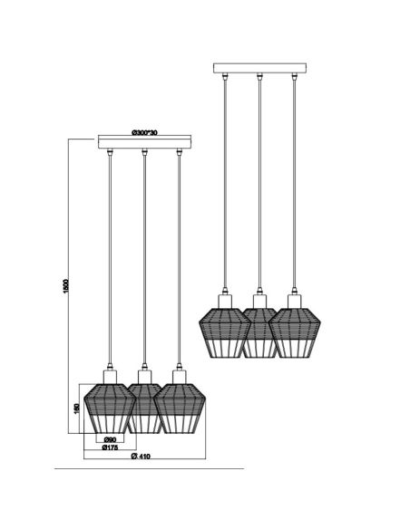 Lámpara de techo LED BORKA 3 luces, altura ajustable medidas producto y detalles técnicos