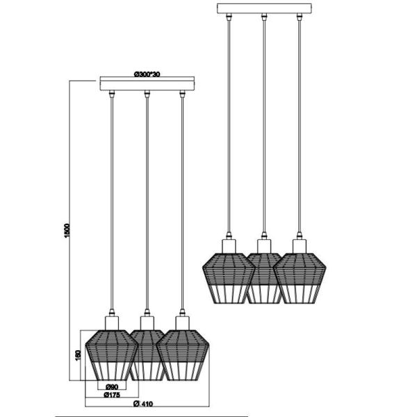 Plafonnier LED BORKA 3 lumières, hauteur réglable, mesures du produit et détails techniques