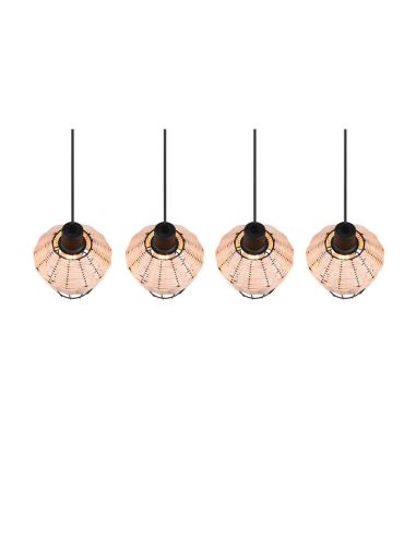 Lámpara de techo LED BORKA 4 luces, altura ajustable detalle pantalla rattan natural
