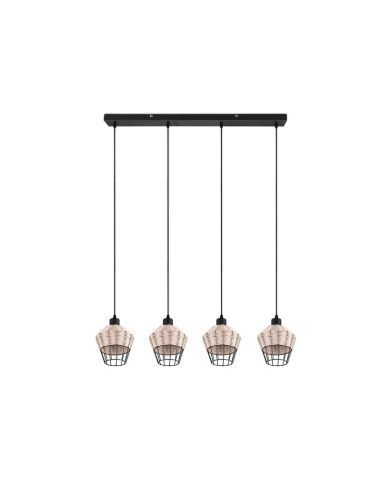 Plafonnier LED BORKA 4 lumières, détail abat-jour en rotin naturel réglable en hauteur