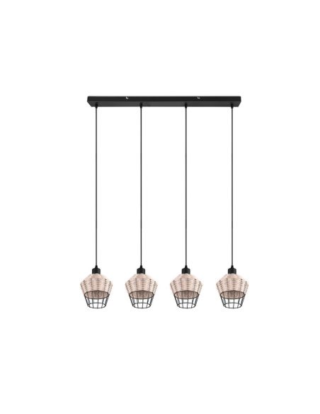 Candeeiro de teto LED BORKA 4 luzes, detalhe de abajur em rattan natural de altura regulável
