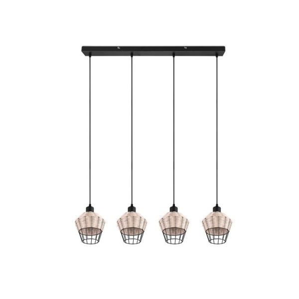 Lámpara de techo LED BORKA 4 luces, altura ajustable detalle pantalla rattan natural