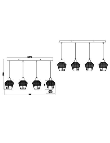 Plafonnier LED BORKA 4 lumières, hauteur réglable mesures du produit