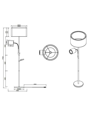Candeeiro de pé LED BURTON, 2 luzes, detalhe em tecido e organza e medidas do produto