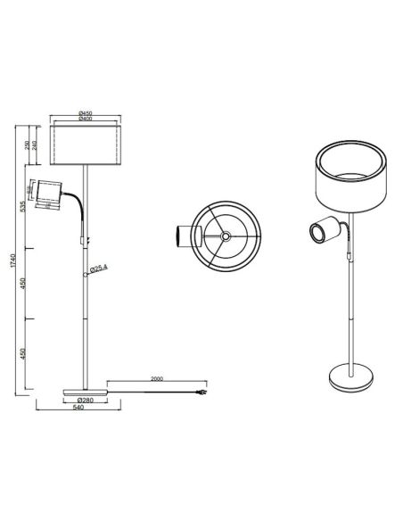 Candeeiro de pé LED BURTON, 2 luzes, detalhe em tecido e organza e medidas do produto