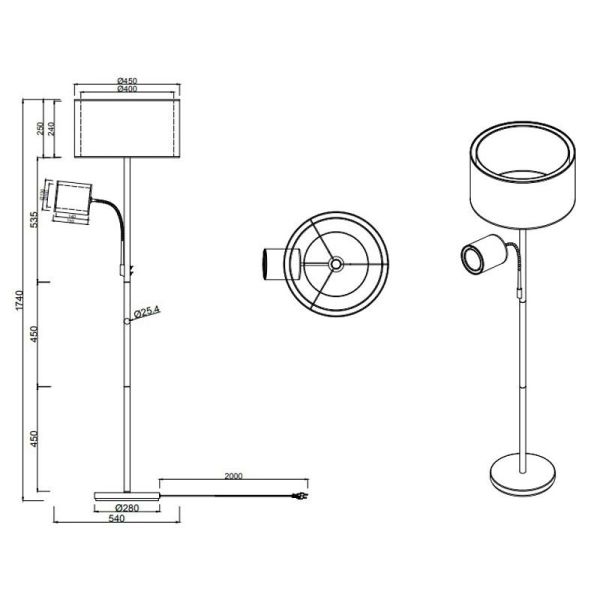 Candeeiro de pé LED BURTON, 2 luzes, detalhe em tecido e organza e medidas do produto