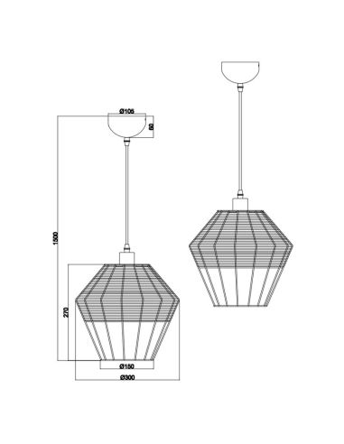 Lámpara de techo LED BORKA grande altura ajustable rattan negro detalle pantalla ficha técnica y medidas producto
