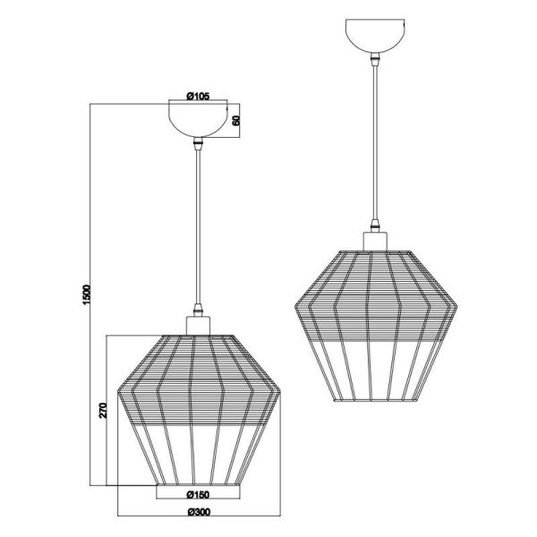 Lâmpada de teto LED BORKA grande altura ajustável tela de rattan preto detalhe ficha técnica e medidas do produto