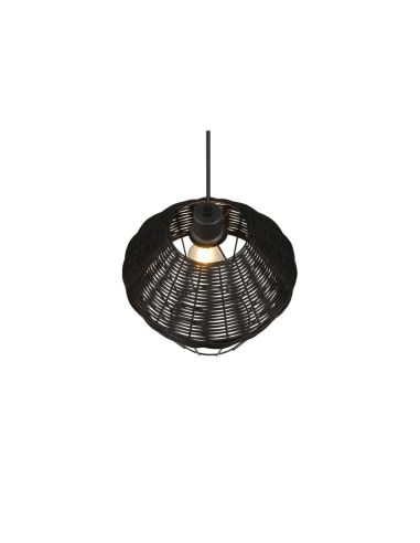Lámpara de techo LED BORKA grande altura ajustable rattan negro detalle pantalla luz encendida
