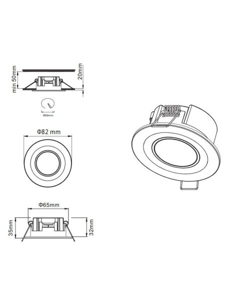 Downlight LED embutido Core preto 5W 3000K medições do produto