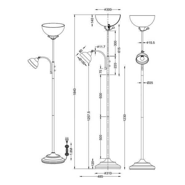 Lámpara de pie metal 2 luces pantalla vidrio COUNTRY IP20 medidas producto