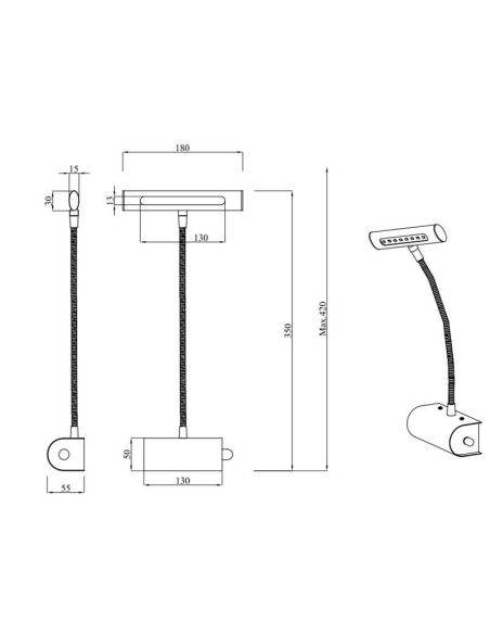 Applique LED flexible en métal CURTIS 1x4W 3000K IP20 mesures du produit