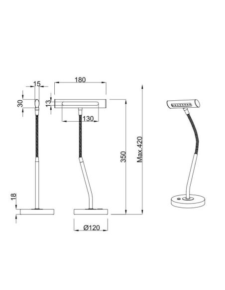 Candeeiro de mesa LED de metal flexível CURTIS 1x4W 3000K IP20 medidas do produto