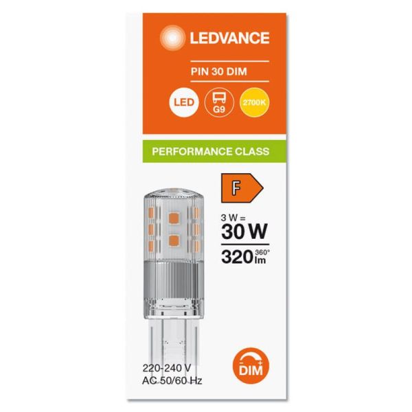 Lâmpada LED G9 regulável 3W substituição 30W classe de desempenho PIN especial CL 30 DIM LedVance | LeonLEDS
