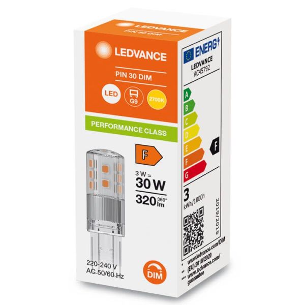 Lâmpada LED G9 regulável 3W substituição 30W classe de desempenho PIN especial CL 30 DIM LedVance | LeonLEDS