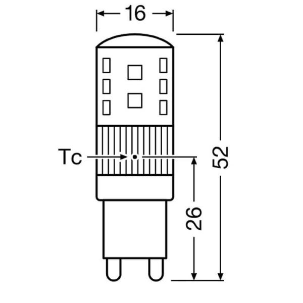 Dimensões Lâmpada LED G9 regulável 3W substitui 30W Classe de desempenho PIN especial CL 30 DIM LedVance | LeonLEDS
